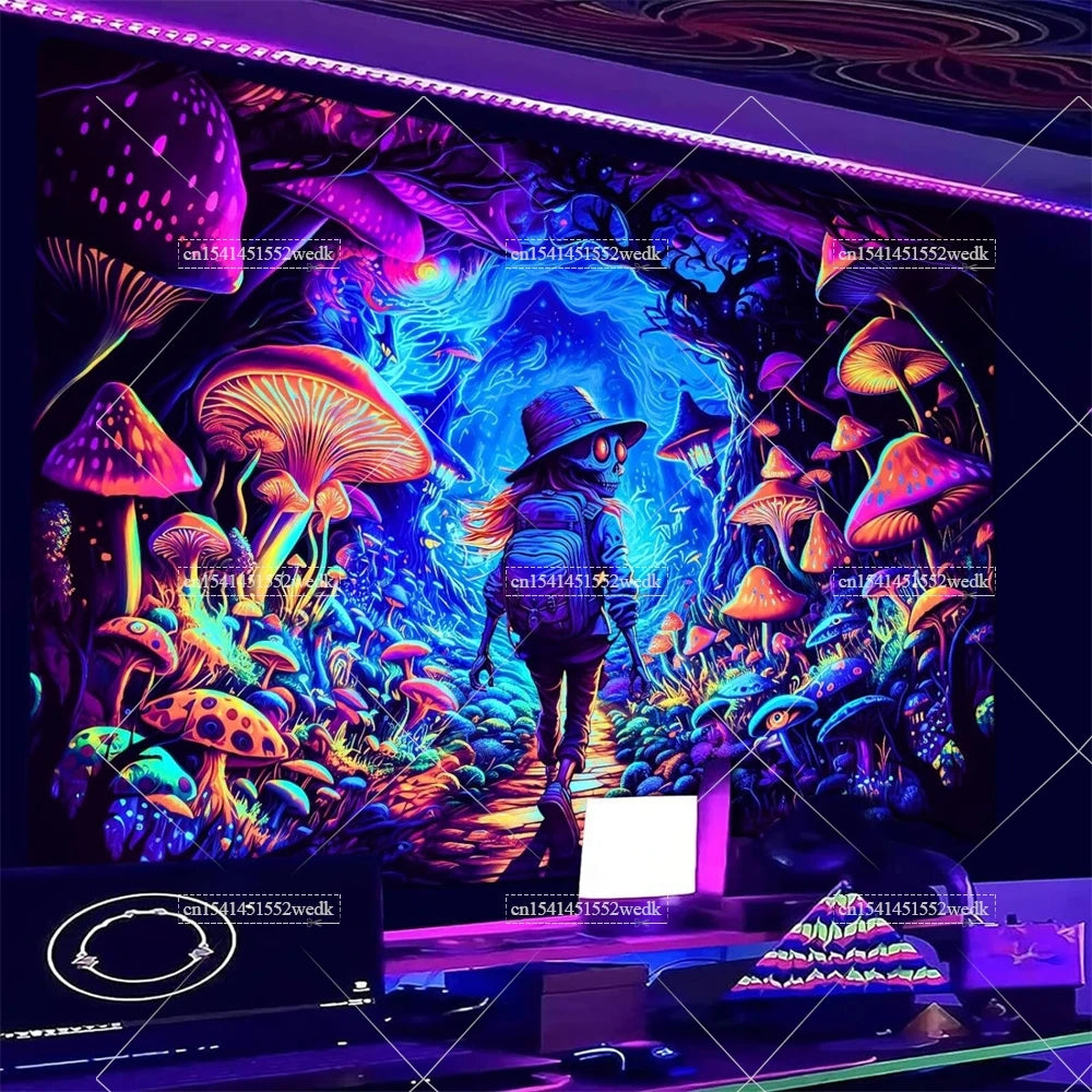 Tapisserie champignons lumière noire